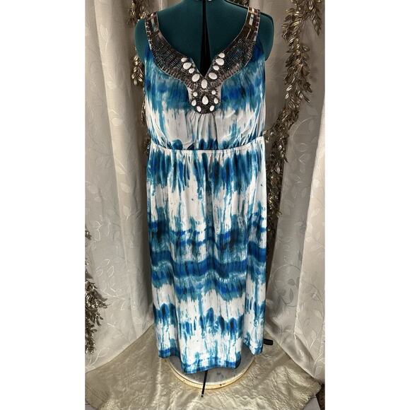 Lane Bryant Blue White Beaded Maxi Dress | Plus Size 22 | Boho Beach Resort Vibe - Picture 9 of 15
